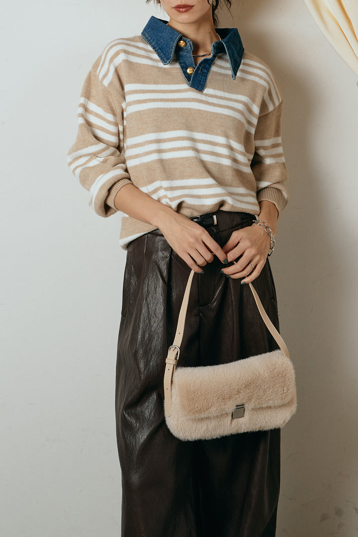 [SET]デニムレイヤード風ランダムボーダーニットプルオーバー+ベルト付きレザーライクタックパンツ(2set)