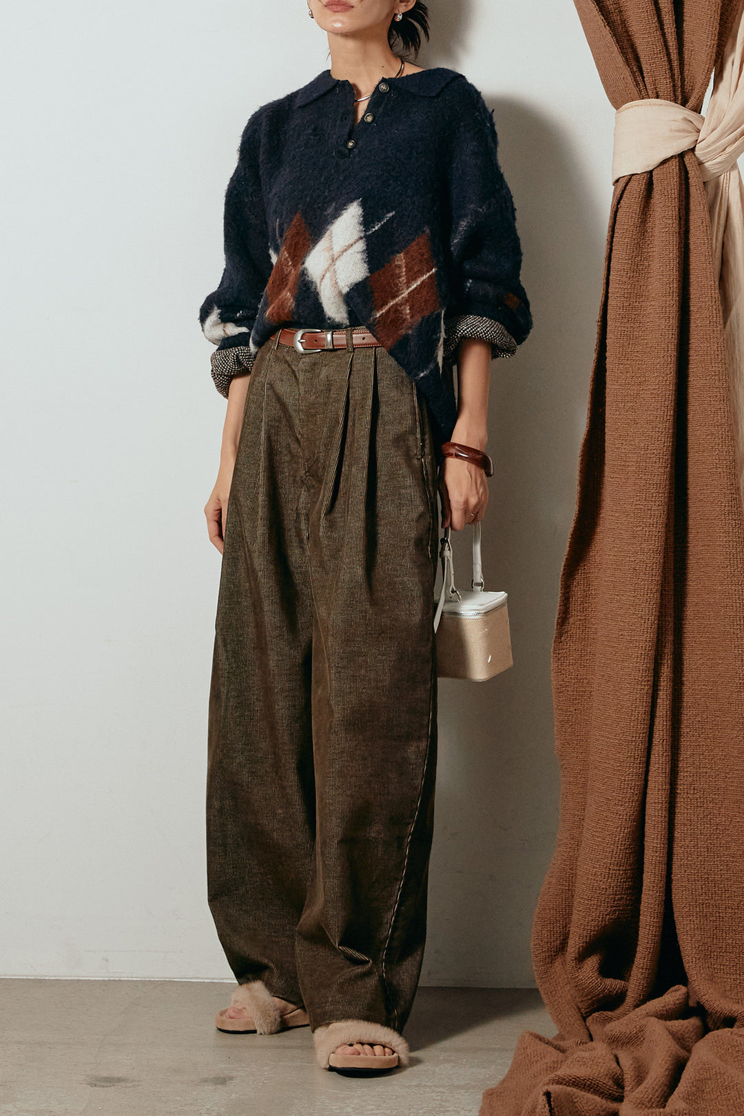 [SET]アーガイル柄ポロニットトップス+フロントタック入りコーデュロイパンツ(2set)