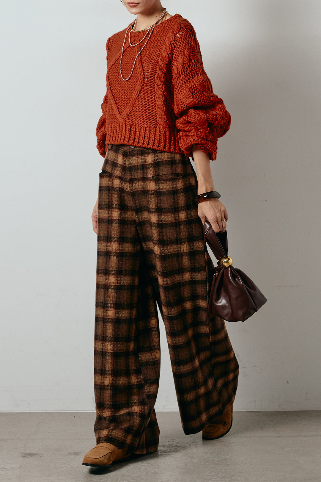 [SET]ロービングケーブルショート丈プルオーバー+ルーズタータンチェックワイドパンツ(2set)