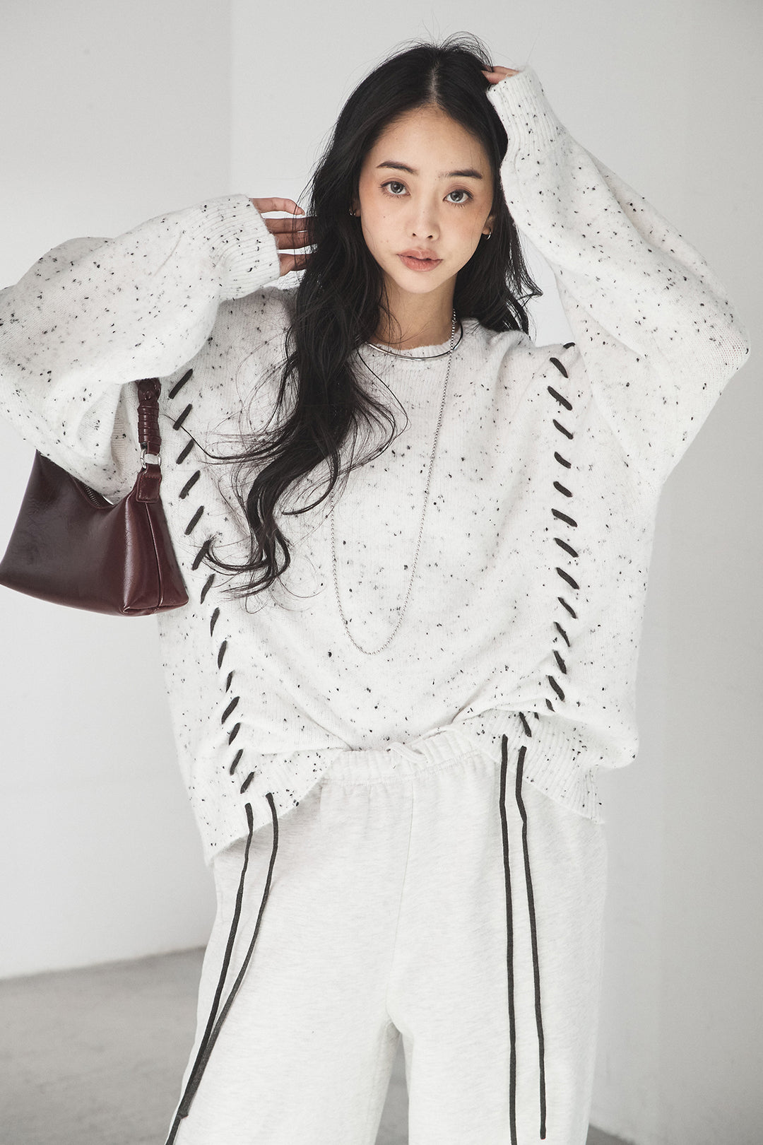 [SET]ネップ編み上げニットトップス+裏起毛スウェットワイドパンツ(2set)