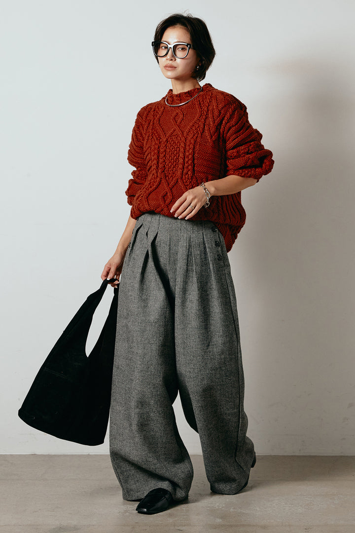 [SET]アラン柄ミックスケーブルニット+サイドボタンツイードタックパンツ(2set)