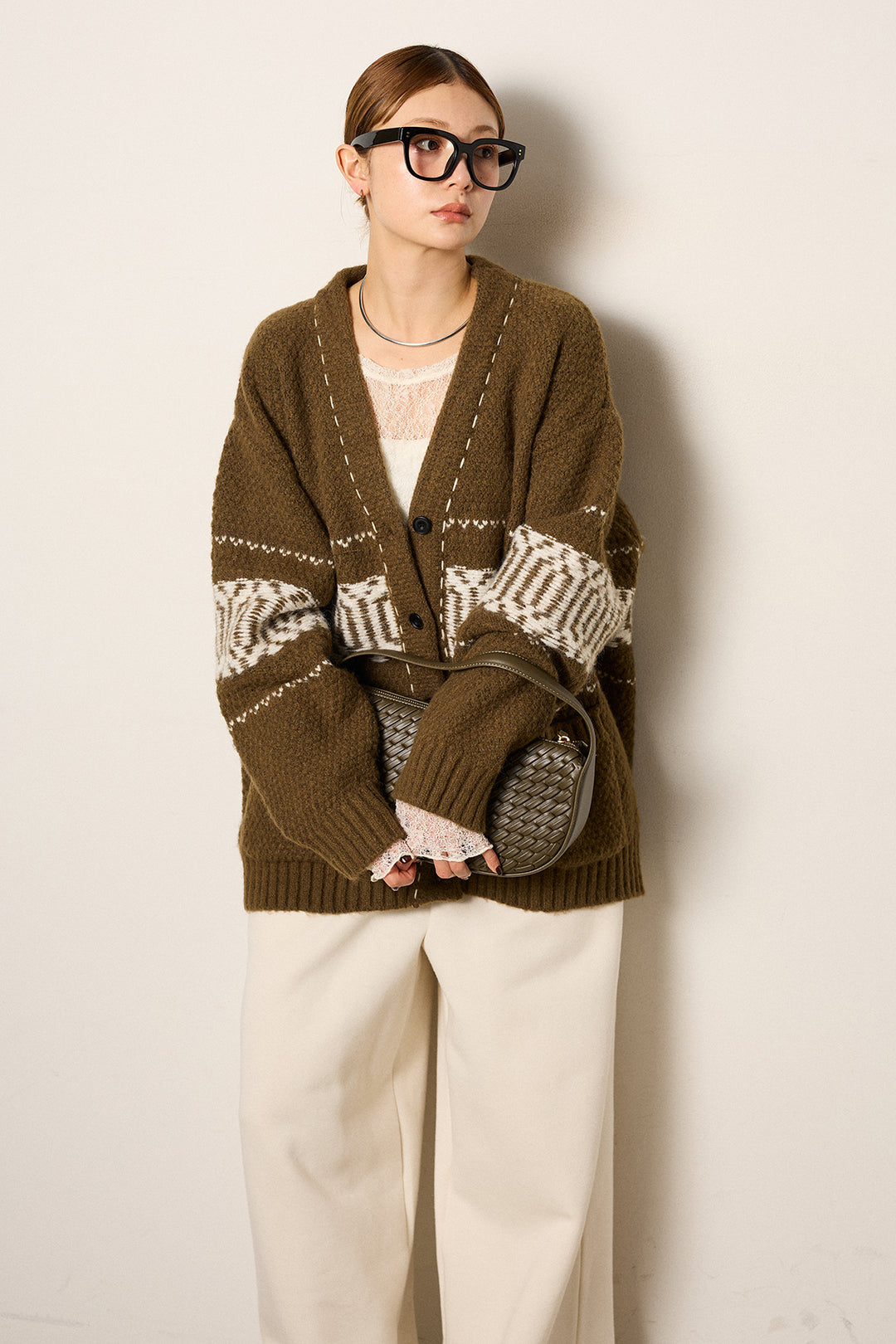 [SET]ライン柄ステッチニットカーディガン+2WAY袖コード刺繍クルーネックプルオーバー+裏起毛スウェットワイドパンツ(3set)