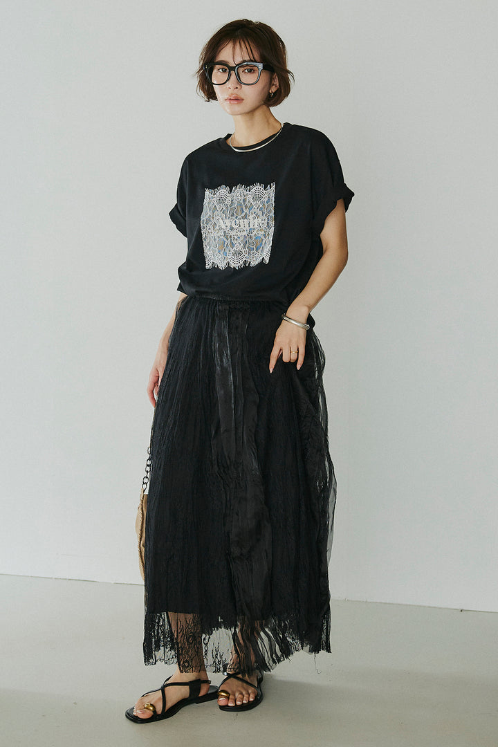 [SET]レースロゴ刺繍Tシャツ+レースコンビワッシャーギャザースカート(2set)