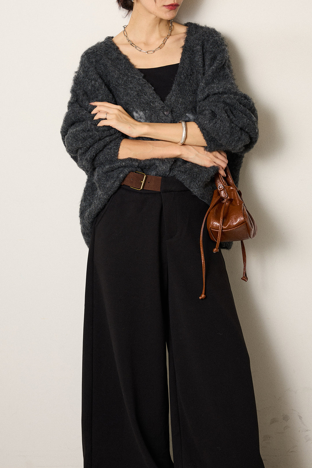 [SET]ウール混透かしロゴニットカーディガン+サイドベルトパンツ(2set)