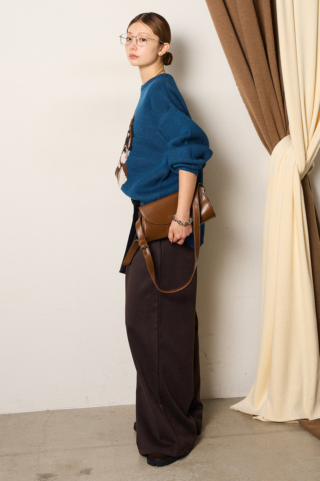 [SET]アニマルジャガード柄ニットトップス+巻ベルトウエストレザーライクワイドパンツ(2set)