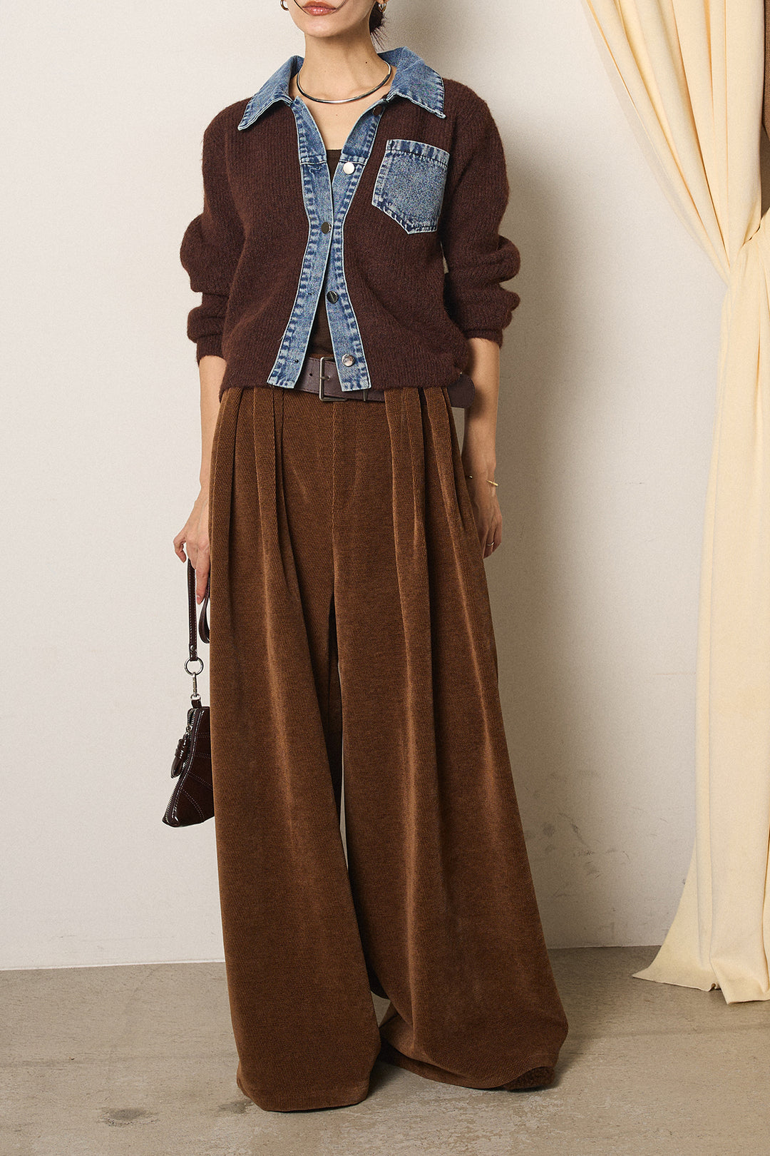 [SET]襟付きデニム切替ニットカーディガン+ベルトループコーデュロイワイドパンツ(2set)