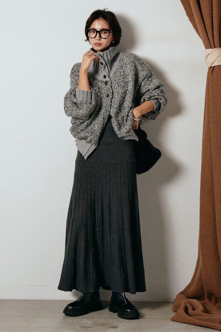 [SET]ハイネックミックスニットカーディガン+編み地切り替えフレアニットスカート(2set)