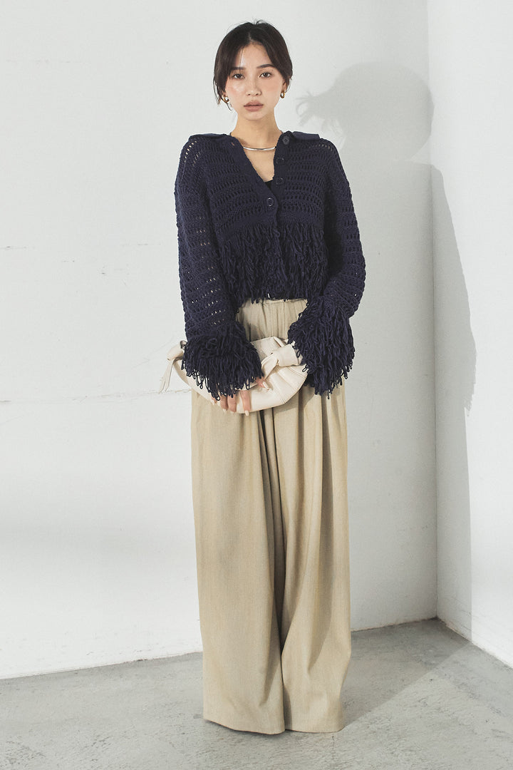 [SET]メッシュフリンジカーディガン+編みベルト付きウエストタックワイドパンツ(2set)