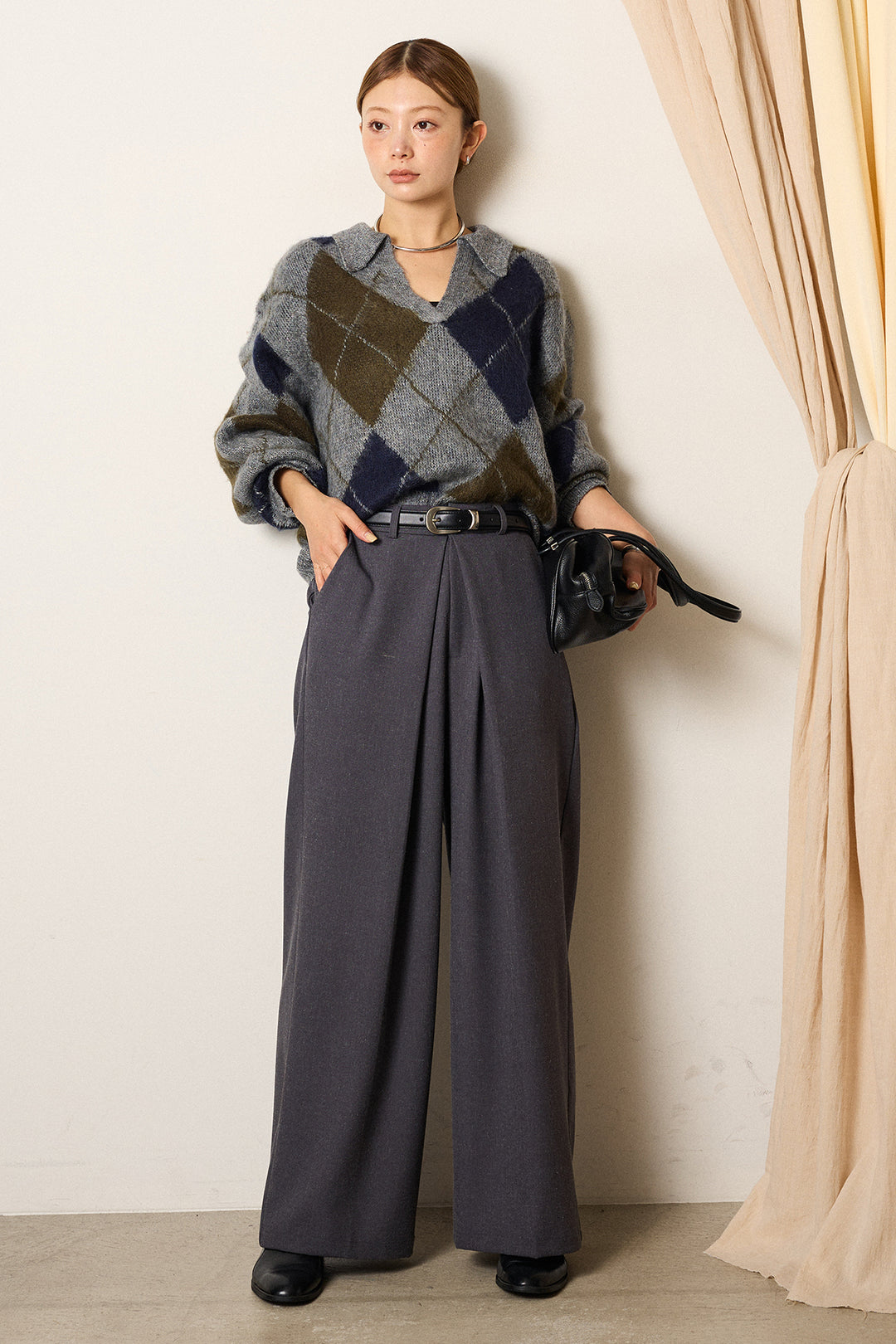 [SET]アクリルモヘアアーガイルキーネックプルオーバー+フロントワイドタックネップ入ワイドパンツ(2set)