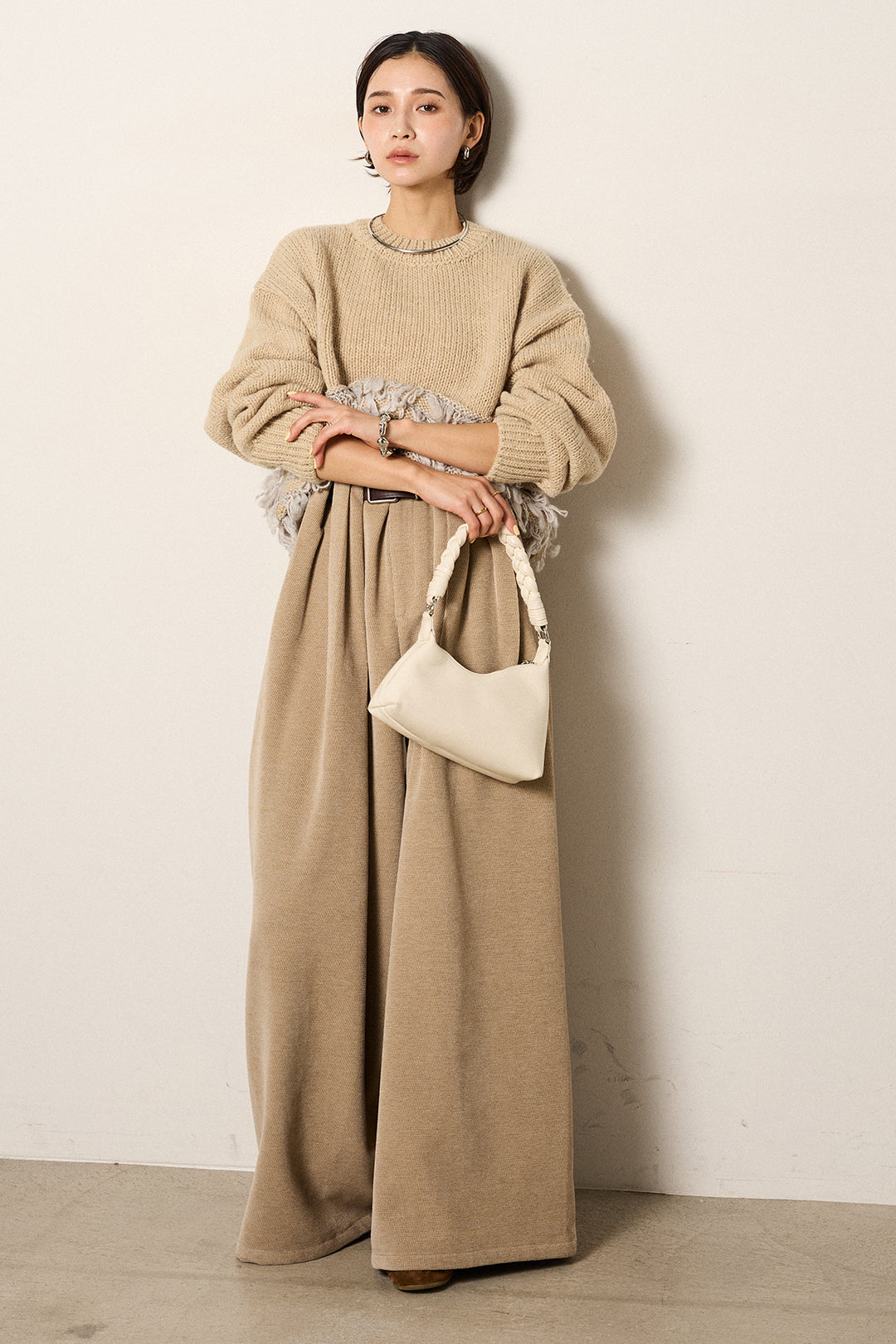 [SET]ループ編み切り替えニットプルオーバー+ベルトループコーデュロイワイドパンツ(2set)