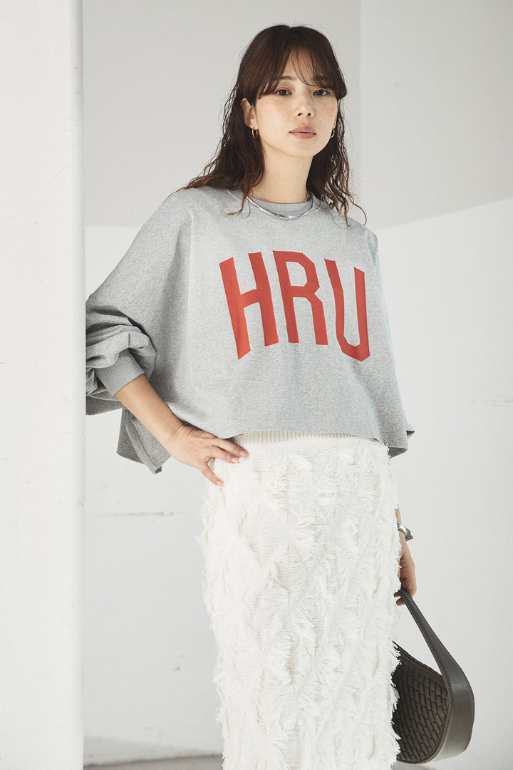 [SET]ビッグロゴHRU袖ボリュームトップス+カットフリンジニットタイトスカート(2set)