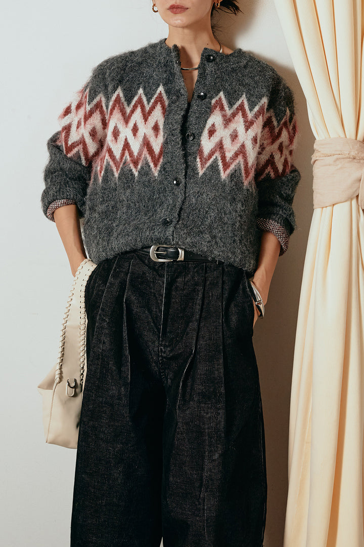 [SET]起毛ノルディック柄ニットカーディガン+フロントタック入りコーデュロイパンツ(2set)