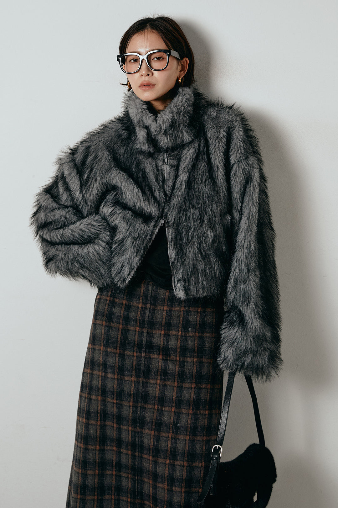 [SET]エコファーショート丈ブルゾン+シャギーチェックストレートスカート(2set)