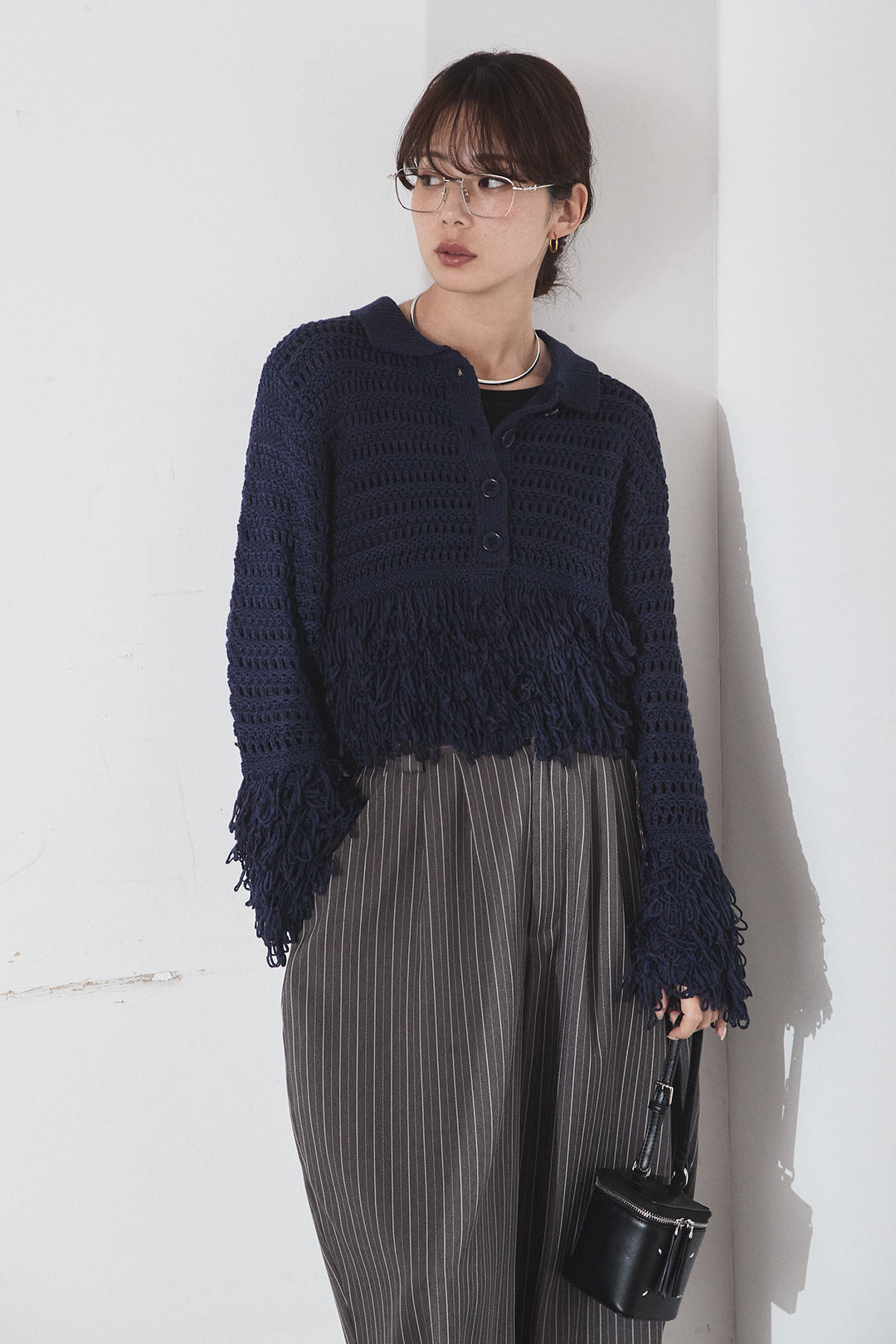 [SET]メッシュフリンジカーディガン+ヘリンボーンストライプツータックパンツ(2set)