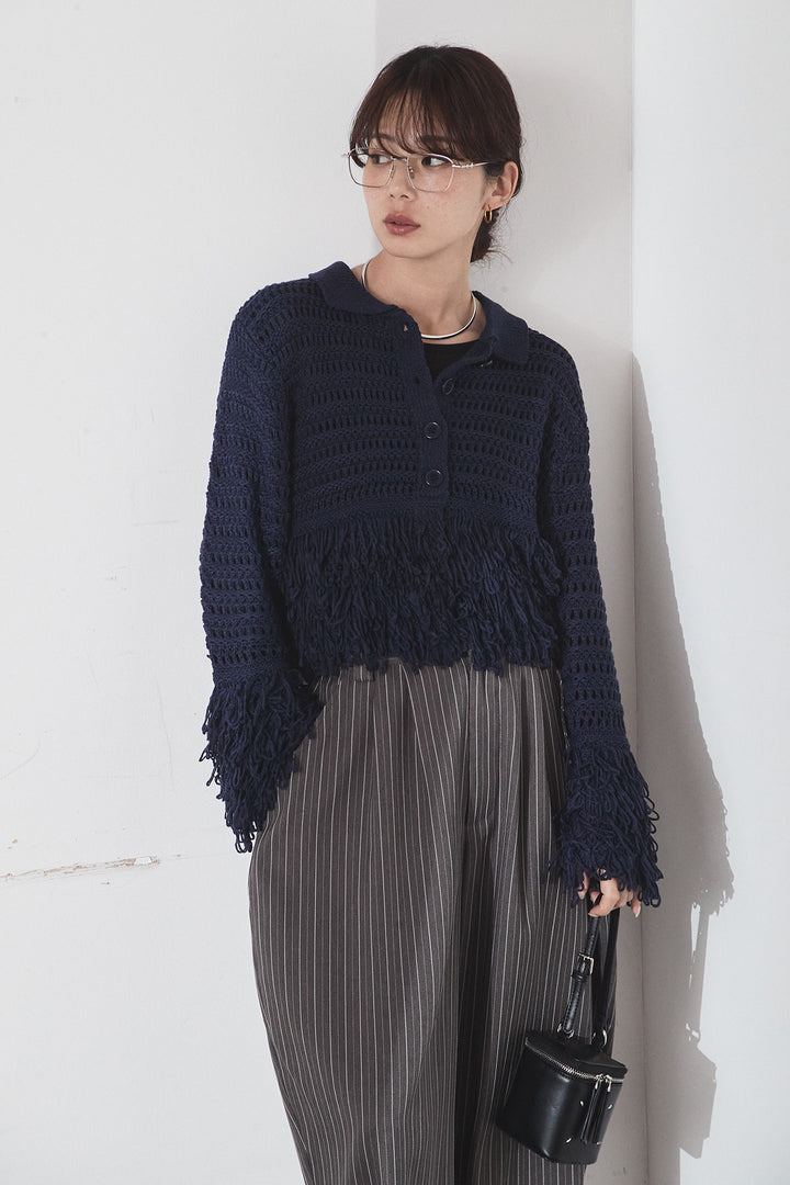 [SET]メッシュフリンジカーディガン+ヘリンボーンストライプツータックパンツ(2set)