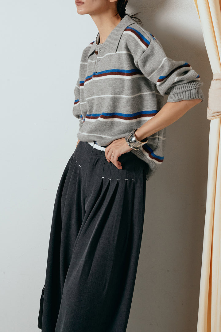 [SET]襟付きマルチボーダーニットポロトップス+ウエストステッチデザインワイドスラックス(2set)
