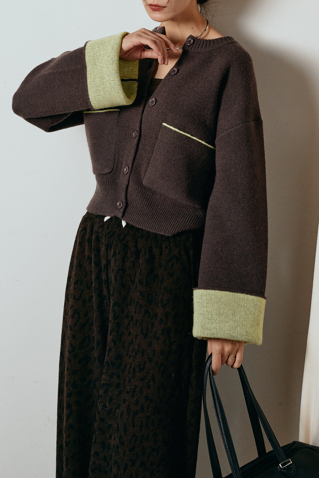 [SET]アルパカタッチダブルフェイスカーディガン+レオパードジャガードニットパンツ(2set)