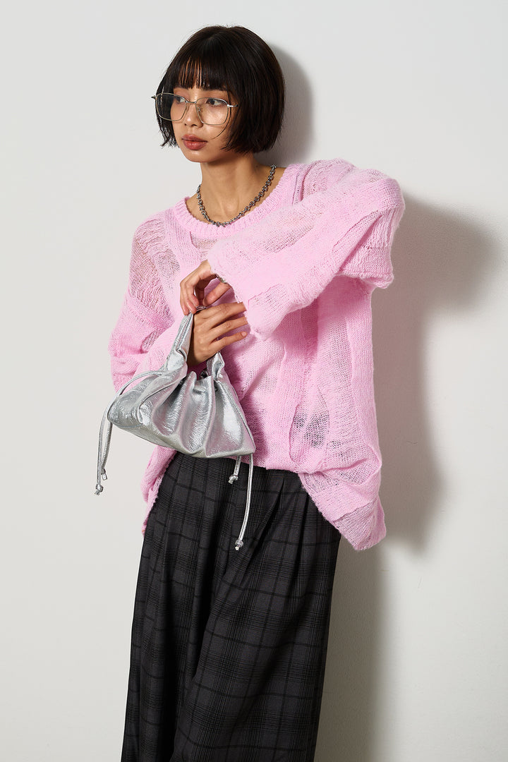 [SET]パターンモヘアローゲージニットプルオーバー+タータンワイドチェックパンツ(2set)