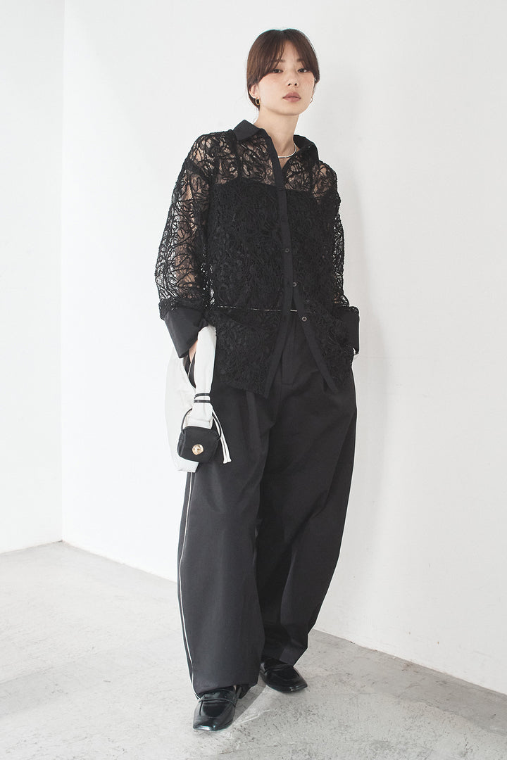 [SET]刺繍レースオーバーサイズシャツ+合繊ツイルパイピングタックカーブパンツ(2set)
