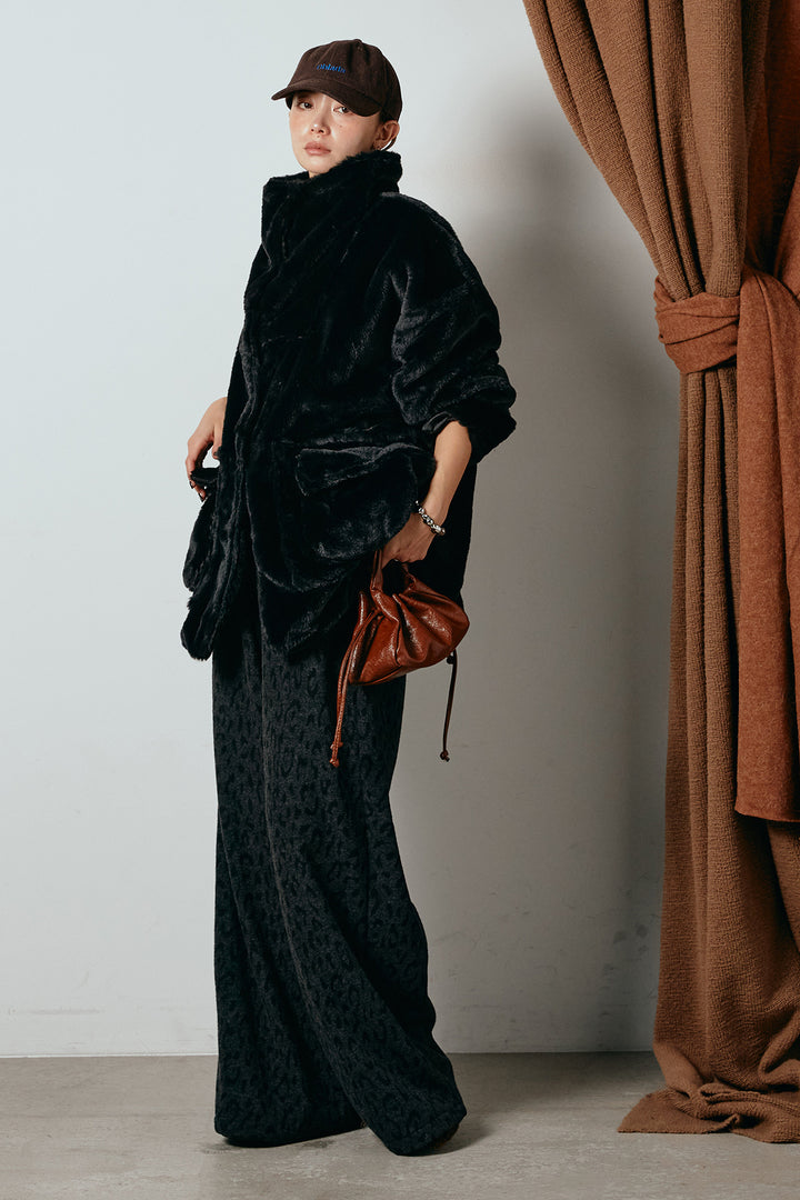 [SET]スタンドネックファーコート+レオパードジャガードニットパンツ(2set)