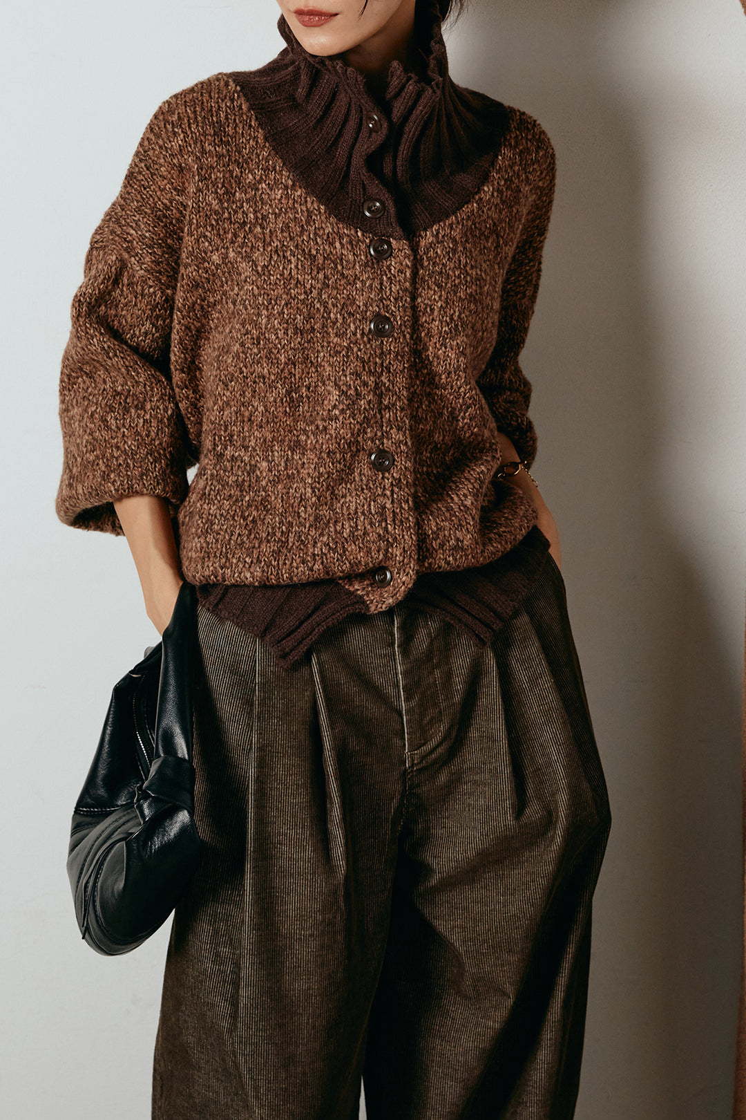 [SET]ハイネックミックスニットカーディガン+フロントタック入りコーデュロイパンツ(2set)