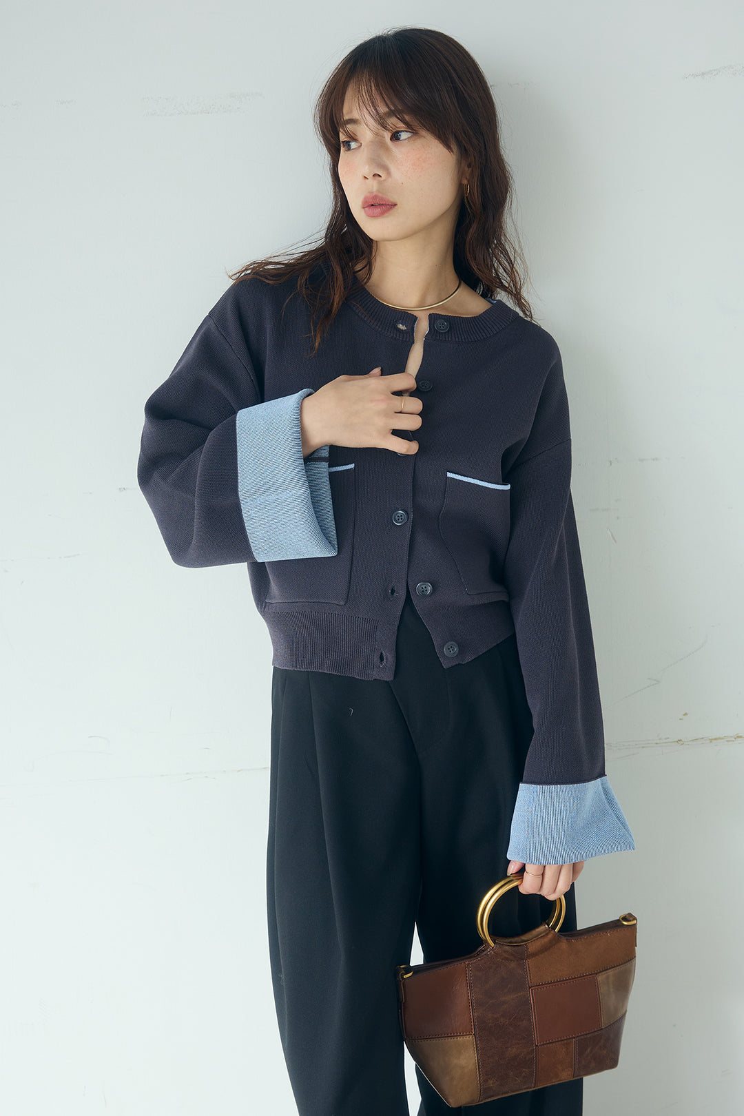 [SET]レーヨンポリダブルフェイスカーディガン+サイドベルトタック入りスラックス(2set)