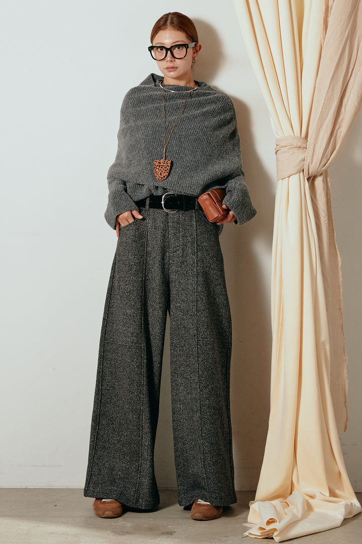 [SET]ケープデザインリブニットトップス+太ベルト付きツイードワイドパンツ(2set)