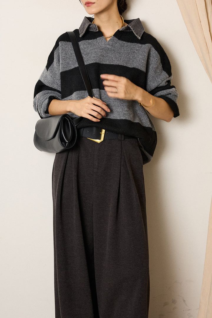 [SET]デニムカラーボーダールーズニット+ゴールドバックル太ベルト付きワイドパンツ(2set)