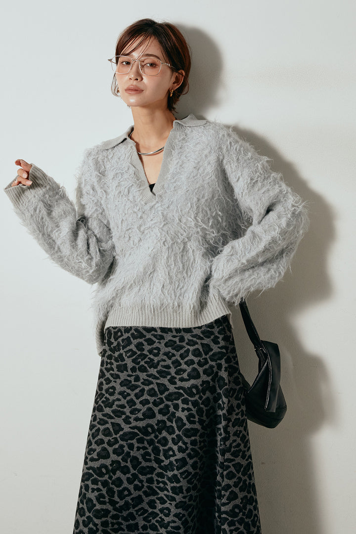 [SET]襟付きシャギーニットポロトップス+レオパードロングスカート(2set)