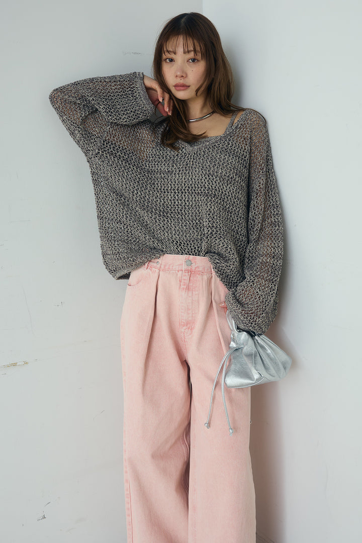 [SET]メッシュ編みビスチェセットVネックプルオーバー+カラーデニムタックカーブパンツ(2set)