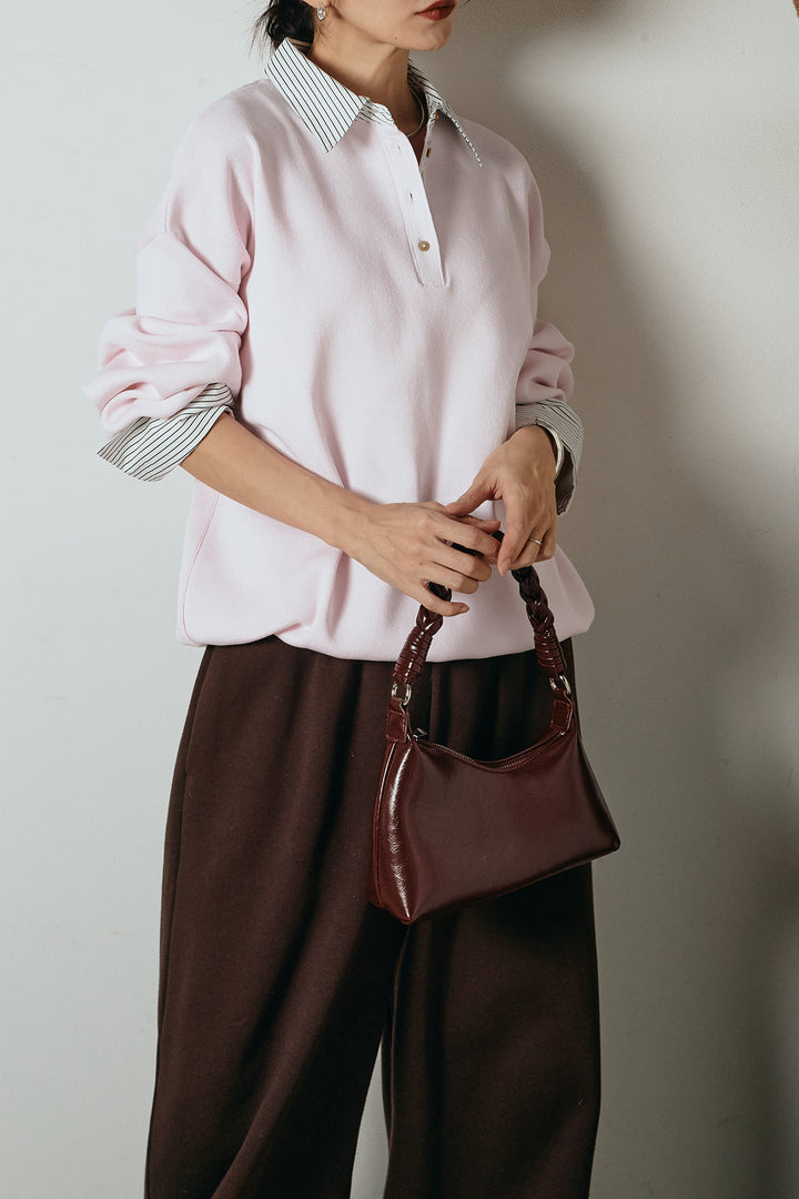 [SET]ストライプシャツドッキングポロトップス+裏起毛スウェットワイドパンツ(2set)