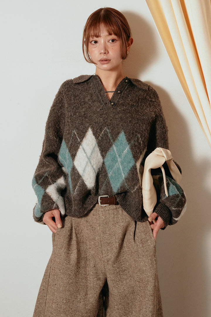 [SET]アーガイル柄ポロニットトップス+ベルト付きネップツイードカーブパンツ(2set)