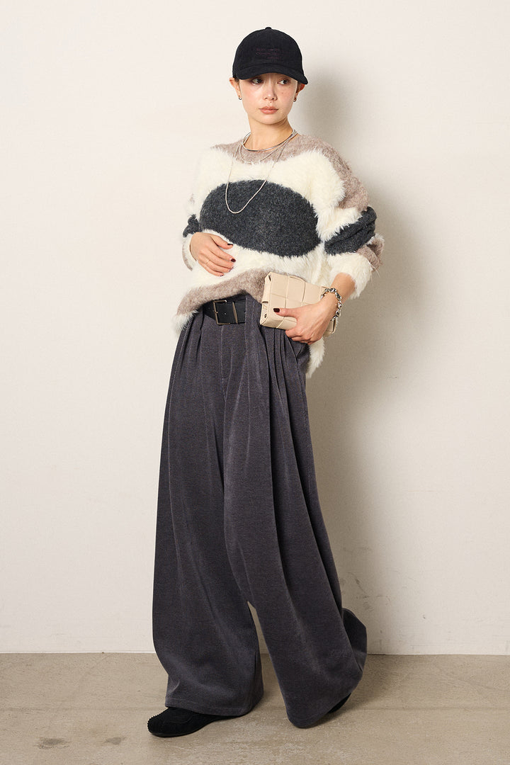 [SET]シャギーウェーブ柄クルーネックニットトップス+ベルトループコーデュロイワイドパンツ(2set)