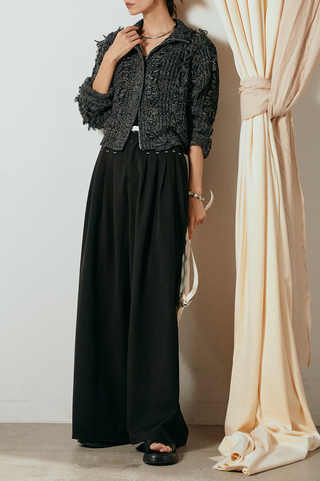 [SET]ハイネックフリンジジップニットトップス+ウエストステッチデザインワイドスラックス(2set)