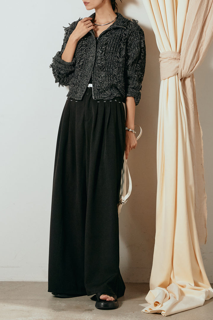 [SET]ハイネックフリンジジップニットトップス+ウエストステッチデザインワイドスラックス(2set)