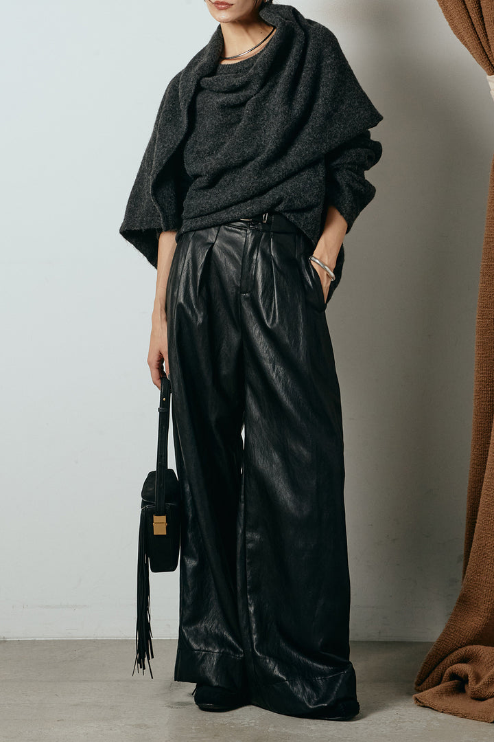 [SET]ネック巻きデザインニットトップス+ベルト付きレザーライクタックパンツ(2set)