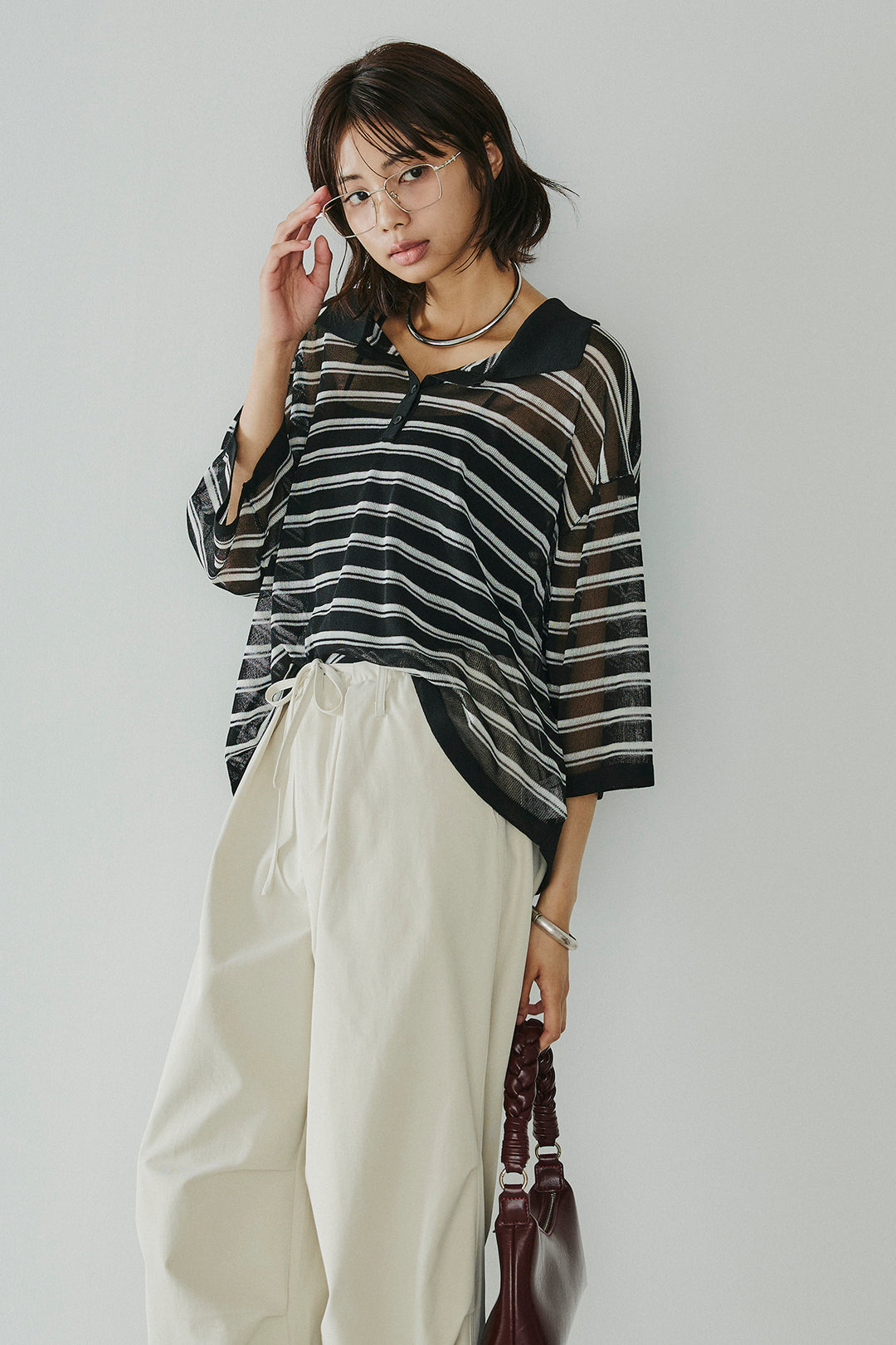 [SET]ボーダーニットポロシャツ+ニーサイドタックウエストドロスパンツ(2set)