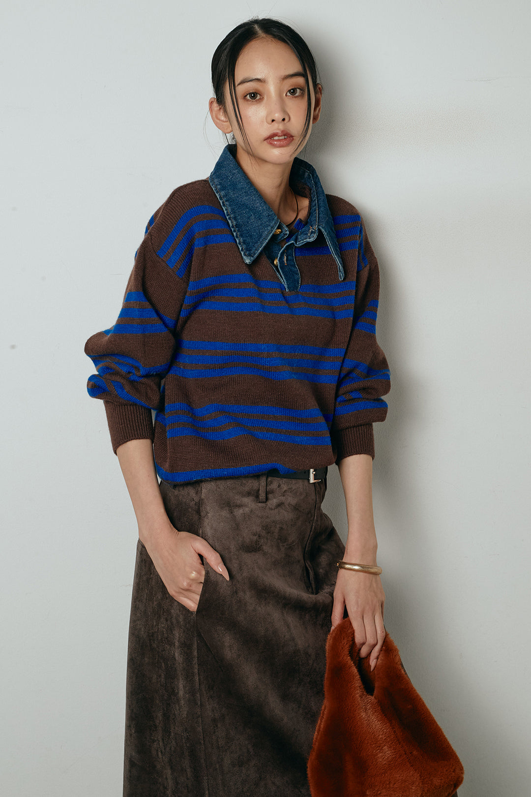 [SET]デニムレイヤード風ランダムボーダーニットプルオーバー+エコスウェードワイドスカート(2set)