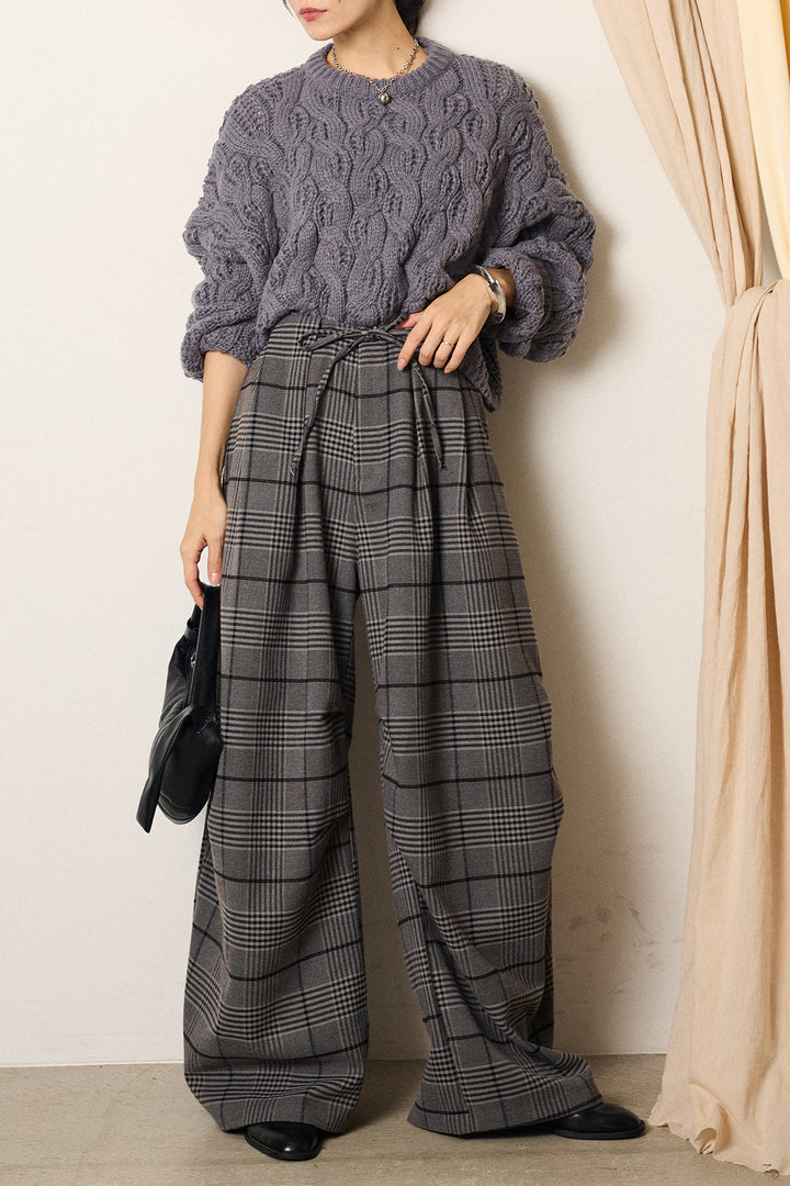 [SET]ケーブルリラックスショートニット+グレンチェックルーズタックパンツ(2set)