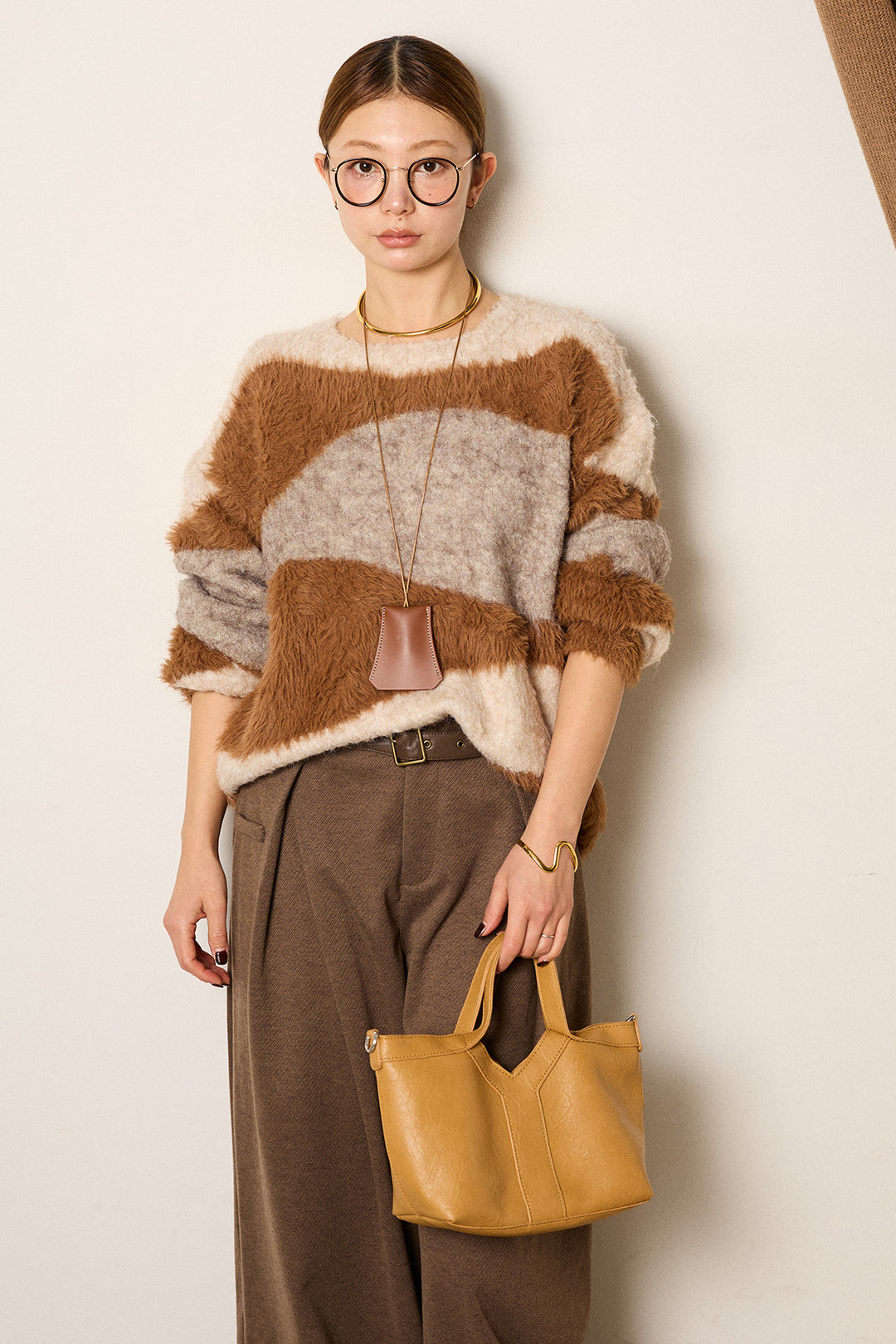 [SET]シャギーウェーブ柄クルーネックニットトップス+細ベルト付き起毛タックワイドパンツ(2set)