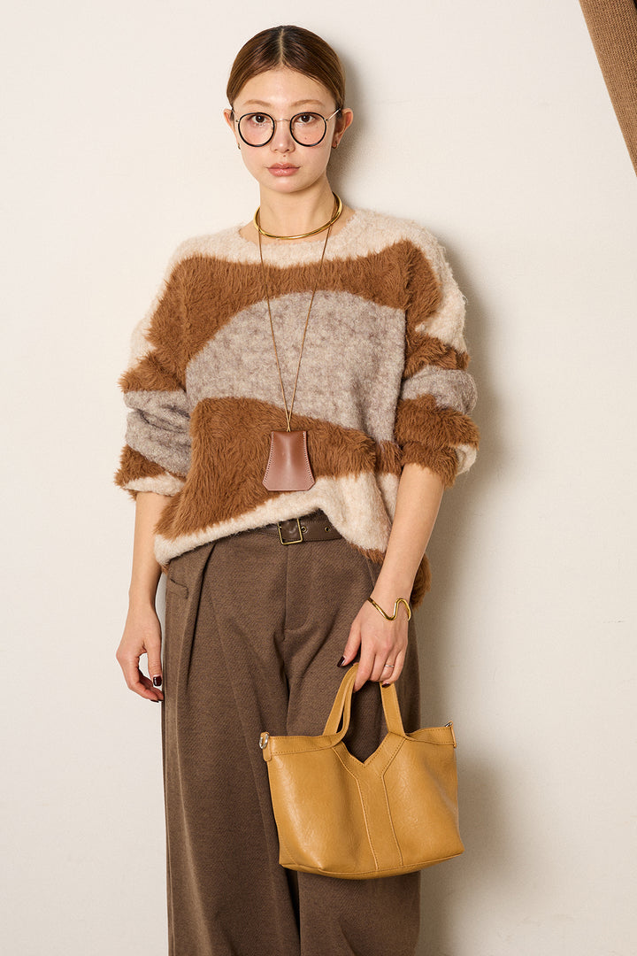 [SET]シャギーウェーブ柄クルーネックニットトップス+細ベルト付き起毛タックワイドパンツ(2set)