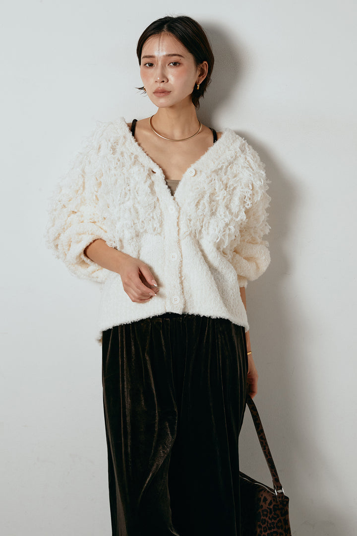 [SET]ループ編みVネックニットカーディガン+ベロアサスペンダー付きパンツ(2set)