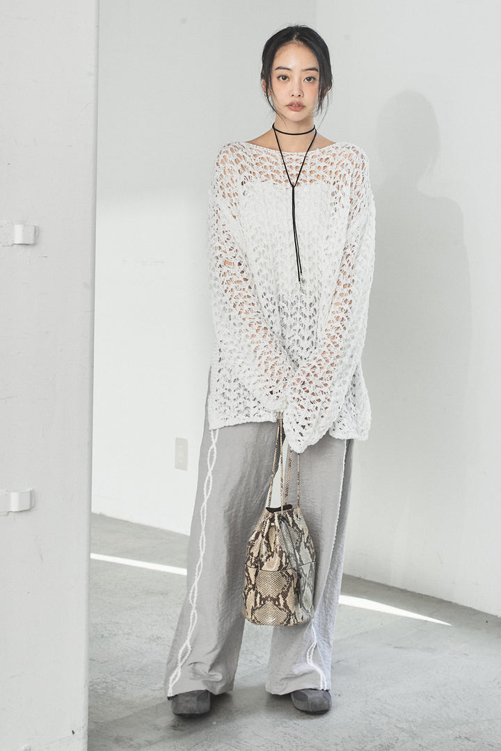 [SET]リラックスメッシュニットトップス+刺繡テープラインパンツ(2set)