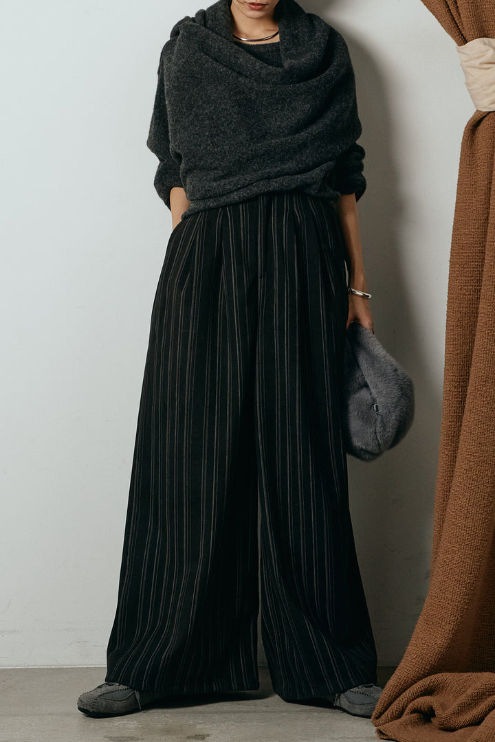 [SET]ネック巻きデザインニットトップス+タック入りマルチストライプ柄ワイドパンツ(2set)