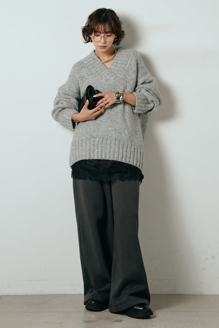 [SET]Vネックラメニットトップス+裏起毛スウェットワイドパンツ+レース切り替えキャミソール(3set)