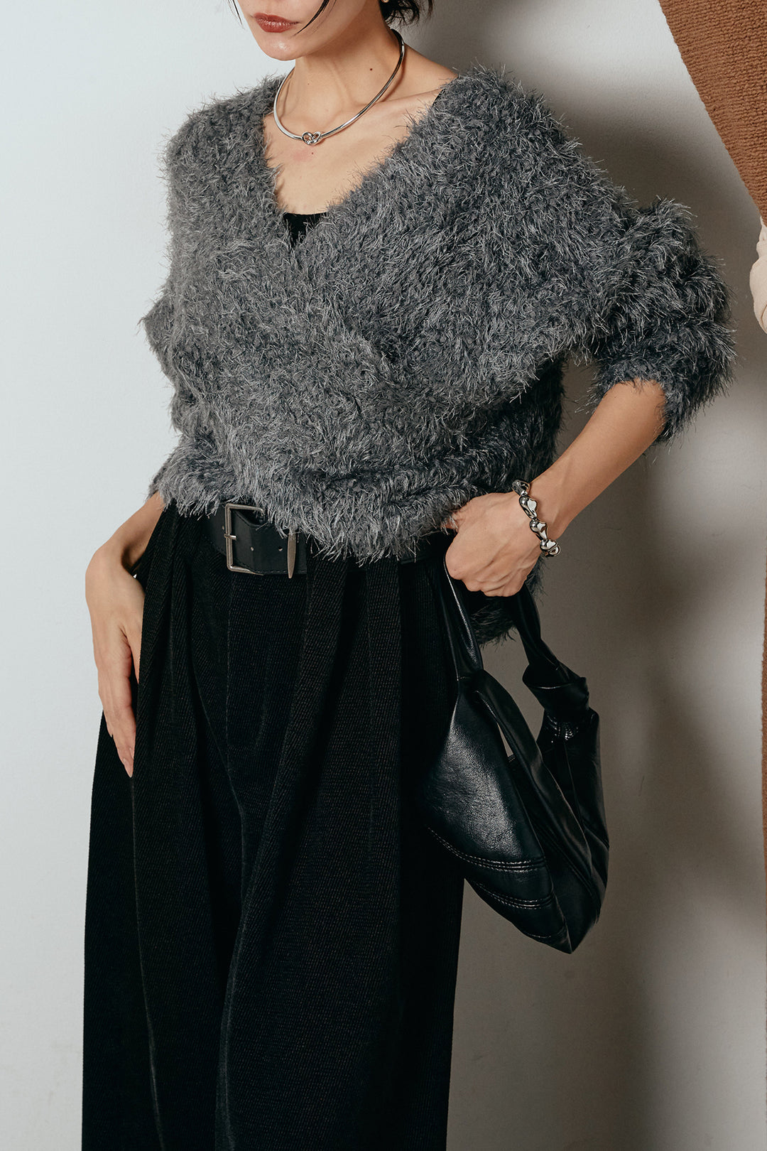 [SET]シャギークロスニットトップス+ベルトループコーデュロイワイドパンツ(2set)