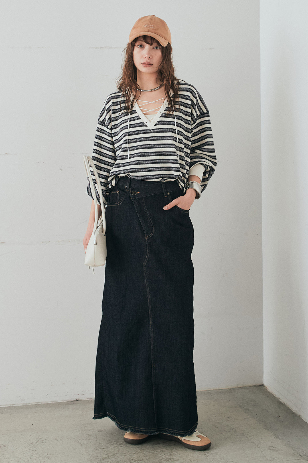 [SET]レースアップワッフルボーダートップス+ウエストクロスデニムタイトスカート(2set)