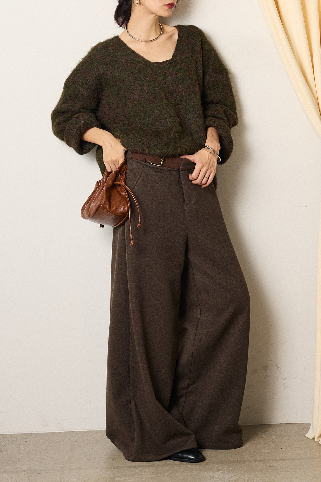 [SET]フラッフィーレオパードシャギーニット+サイドベルトパンツ(2set)