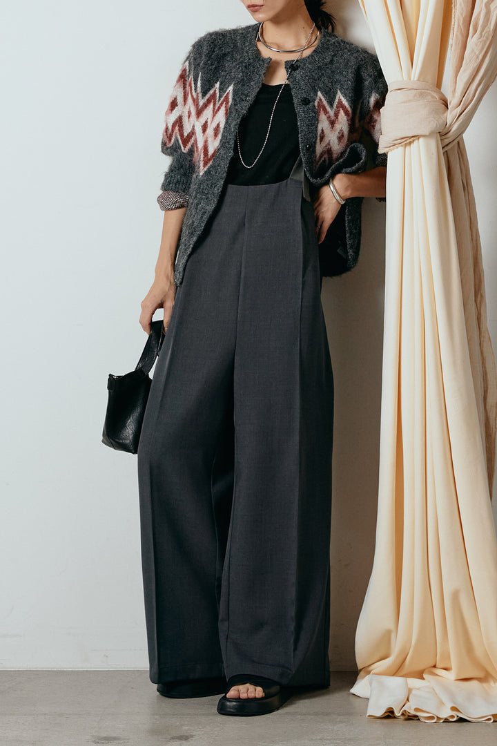 [SET]起毛ノルディック柄ニットカーディガン+ワイドツイルサロペット(2set)