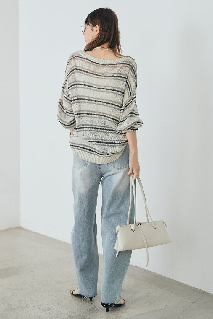 [SET]綿タッチVネックボーダートップス+デニムヨークパンツ(2set)